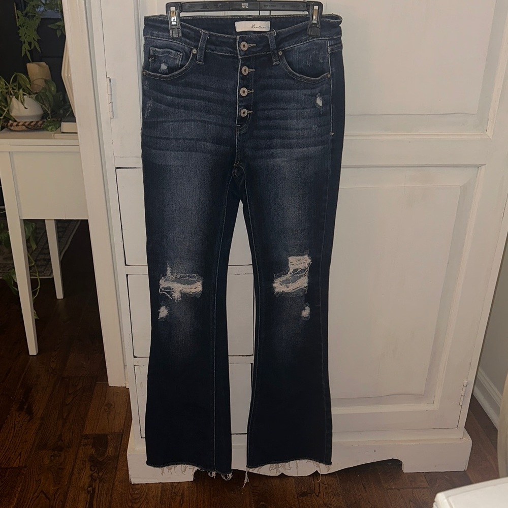 KanCan Dark Blue Distressed Flare Jeans size 11
